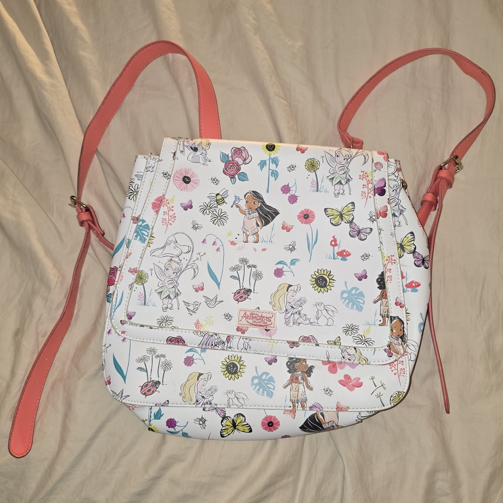 Disney White Floral Character Crossbody with Coral Strap